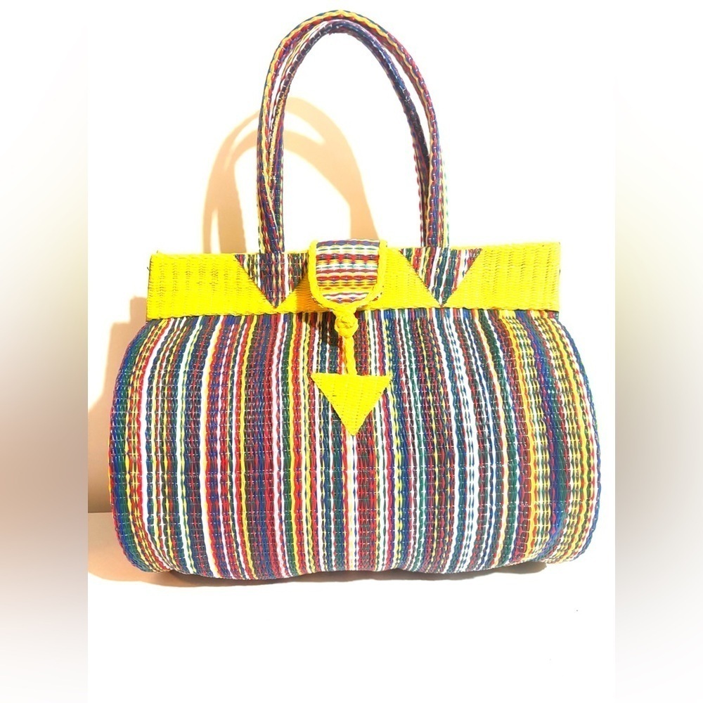Handmade mash stew Colorful Striped Handbag with Yellow Accents